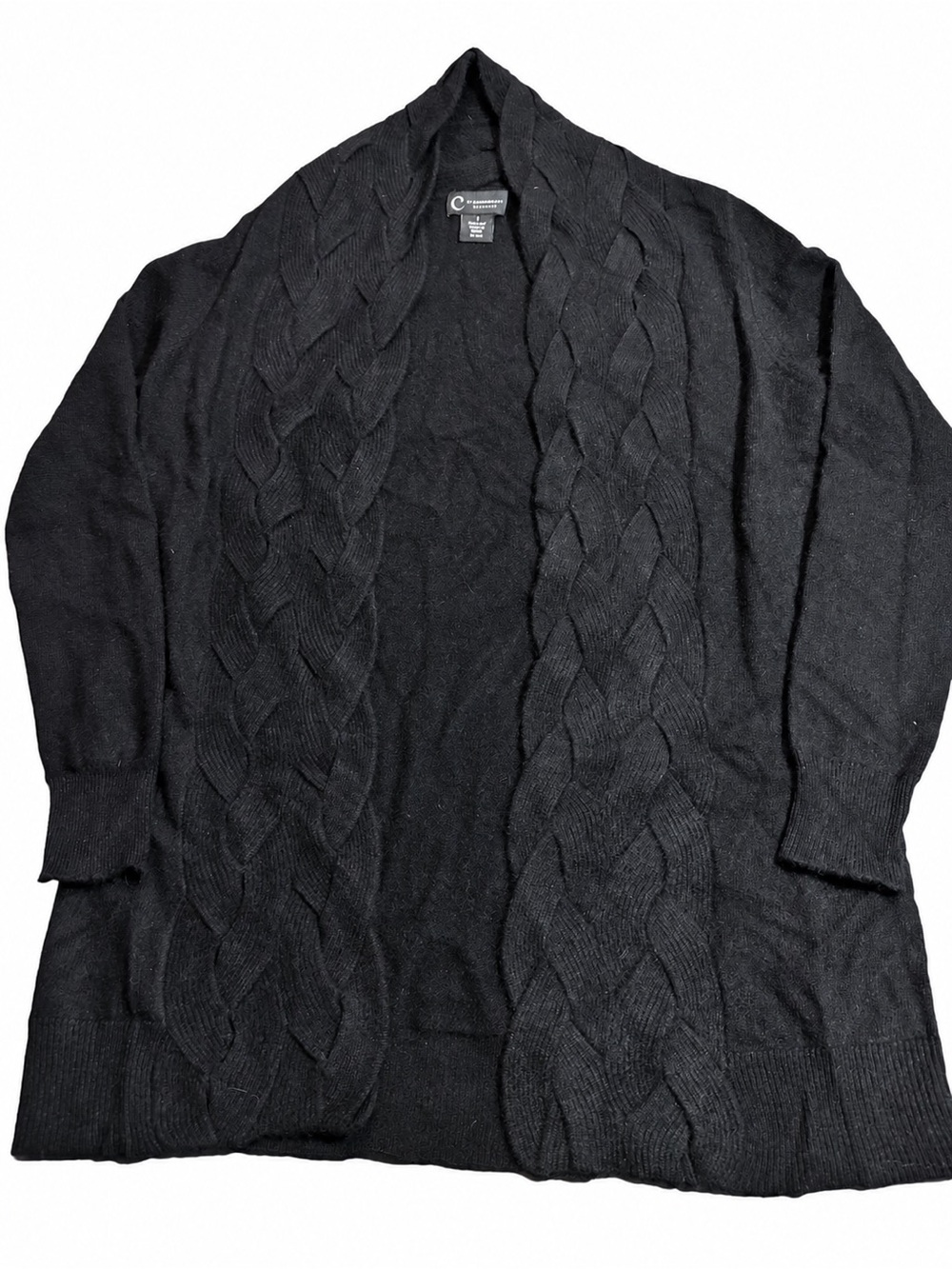 Women’s S Small Black 100% 2-Ply Cashmere Open Front Braided Knit Cardigan